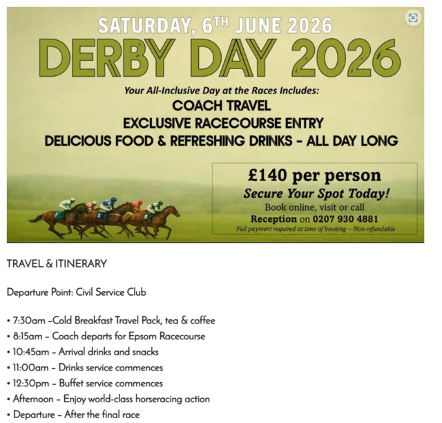 Day at the races: Saturday 6th June Epsom Derby in conjunction with The Civil Service Club